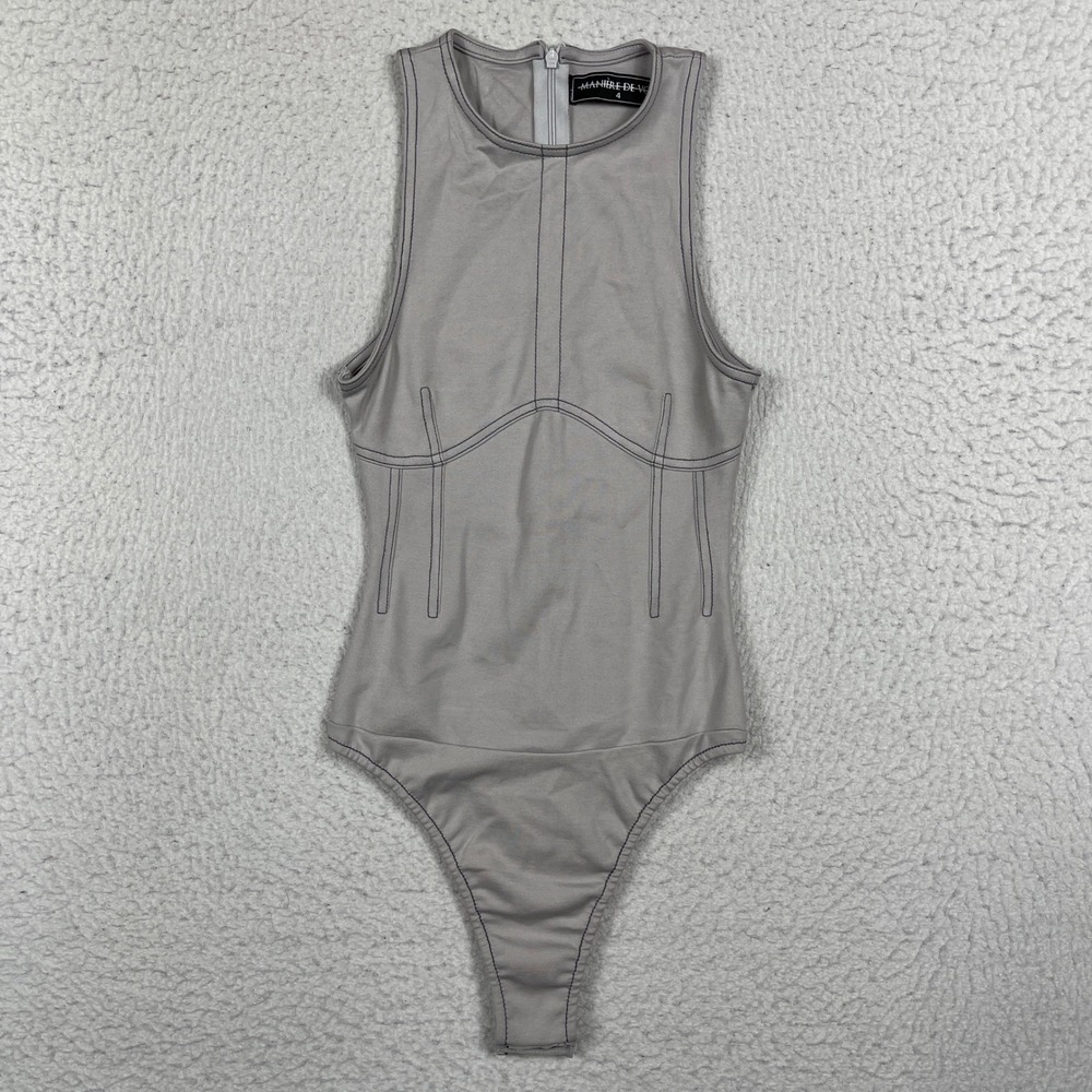 Maniere De Voir Bodysuit Womens 4 Grey Contrast Stitch Streetwear Cybercore